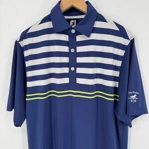 Footjoy Golf Polo Shirt Mens Medium Striped Blue Short Sleeve Stretch Rugby LOGO